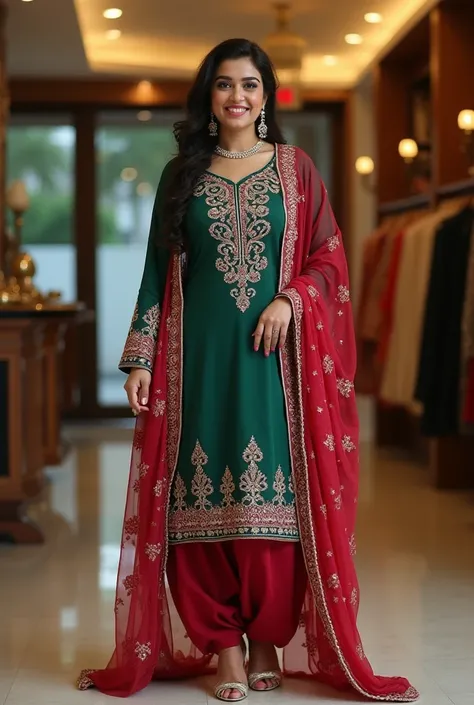 
"A confident and elegant Pakistani woman with a curvy figure, dressed in a traditional yet modern outfit, showcasing her cultural heritage. She is wearing a beautifully embroidered *shalwar kameez* in vibrant colors like deep red, emerald green, or royal ...