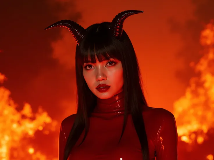 red latex devil costume, deep red lip gloss, in hell with fire's burning in the background, she has latex demon horns