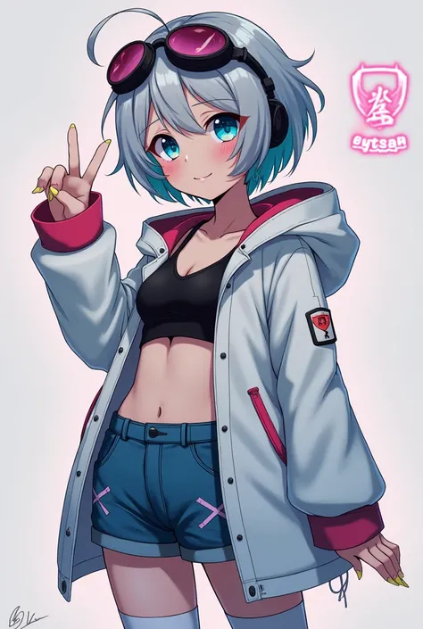 
 girl
6 life
Short hair outside silver hair
white cyberpunk parka jacket
Neon colored lines
denim shorts
neon blue eyes
cyberpunk style headphones
Neon colored barrettes
Japaneseanime
white one-leg knee-high socks
simple background, Dutch angle waving hai...