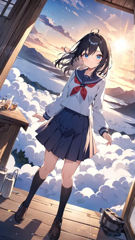 Mountain top、Mountain hut、sea of clouds、 sunrise、 1 girl, solo、 school uniform、 blue eyes,  black hair、 Dutch Angle,  lens flare,  wide angle shot、 Widescreen 、