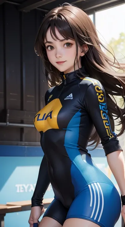 woman , long hair brown, normal, she is solo, from alternative world ,best quality, realistic, cycling full (blue yellow black) colorful suit and cycling sports shorts, she is stand , smile