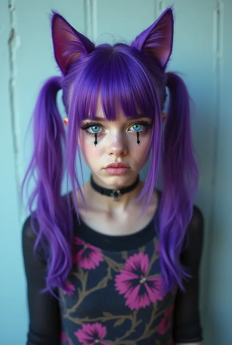 a girl with cat ears standing against the wall, brutally dressed, bright makeup, bright blue eyes, purple hair pulled into pigtails on the sides, thick bangs hanging on her forehead