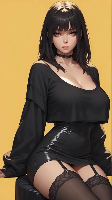 A hyper-realistic anime-style female character with long, straight black hair and bangs. She has pale, smooth skin, soft brown eyes, and a slightly parted mouth. She wears an oversized black long-sleeve shirt with a yellow "ZU82" logo, black thigh-high sto...