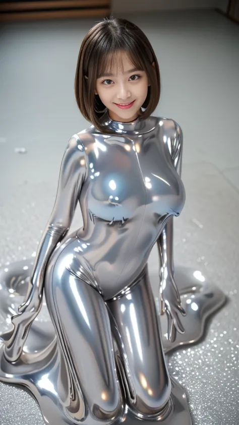 ((Masterpiece,  top quality, extremely delicate ,  perfect face,  detailed eyes,16k,   High Definition  , raw photo, Very cute silver slime girl )),((   body of high viscosity silver slime :2.0  , the whole body is covered with jiggly melted silver slime s...