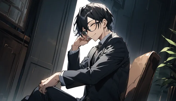 Man with eyes closed、smile、 wearing glasses、 wearing a suit、 has split black hair、 side angle、alone、 in the room、 Sitting