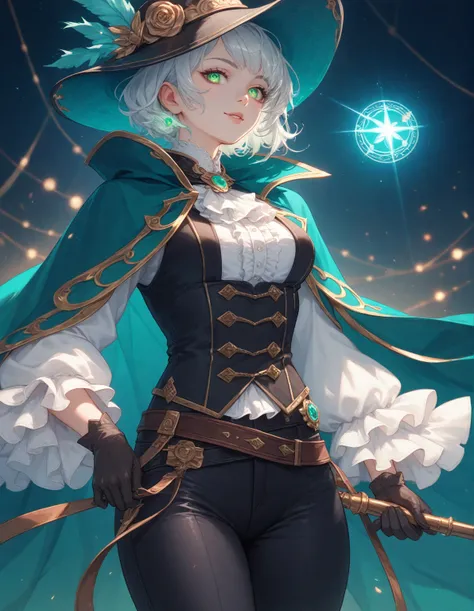 Vertin from Reverse: 1999, a stylish anime girl with short silver hair, green eyes, wearing a black vest over a white frilled shirt, black gloves, tight black pants, a dark round hat, and a teal cape. She has a confident and elegant pose, pulling her crava...