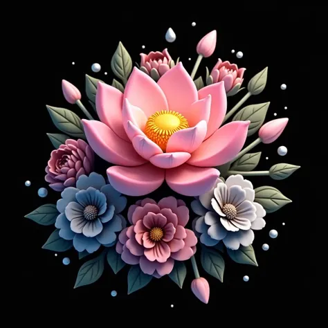 The image is a digital art piece that appears to be a bouquet of flowers. The center of the image is the largest flower, which is a large, pink lotus-like flower with a yellow center. The petals are arranged in a symmetrical pattern, with the petals overla...