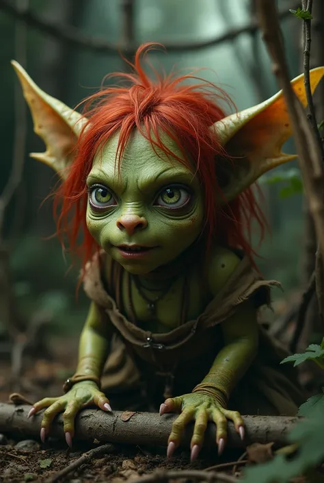  A very small 、 shaggy head , Red-haired pointy-eared ,   with sharp teeth and nails  ,   wearing broken slave cloth  , unhappy,  green-skinned Goblin woman in an animal cage  ,  Outdoor,  rendered in a highly detailed photographic style