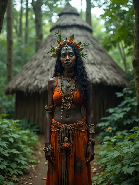 Beautiful indigenous Kayapo woman, dressed in ancient Kayapo fashion, looking at her chest in horror, something is wrong, standing in front of a Kayapo hut in a Kayapo settlement, surrounded by dense Amazon jungle, high detail of the shape, cinematic style