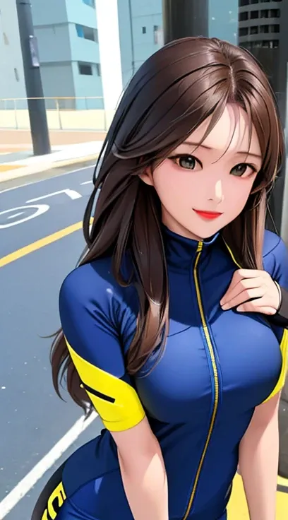 woman , long hair brown, normal, she is solo, from alternative world ,best quality, realistic, cycling full (blue yellow black) colorful suit and cycling sports shorts, she is stand , smile, red lipstick 