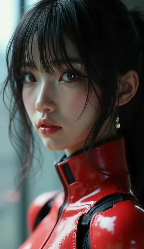  close-up,  Live Action 、Genuine、A beautiful Japanese girl wearing an Evangelion costume ,   black hair、 ponytail on panty、 The first large Evangelion unit is depicted in the background., Extremely fine skin texture ,  beautiful、 complete the ensemble with...