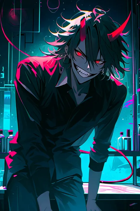 impasto, cool manga style, high quality, extremely detailed, extremely delicate line, amazing color, masterpiece, dark atmosphere, in the laboratory, 1 man, handsome, slender, black messy hair, sharp eyes, have one red horn, have devil's tail, sharp teeth,...