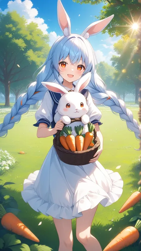 1 girl,
age 15,orange eyes,
happy smiling,
with braided hair,a carrot is tucked into each end her long light blue and white braided hair,
Holding a basket full of harvested carrots,
BREAK,
Back view of a cute white rabbit from front,center frame,
facing vi...