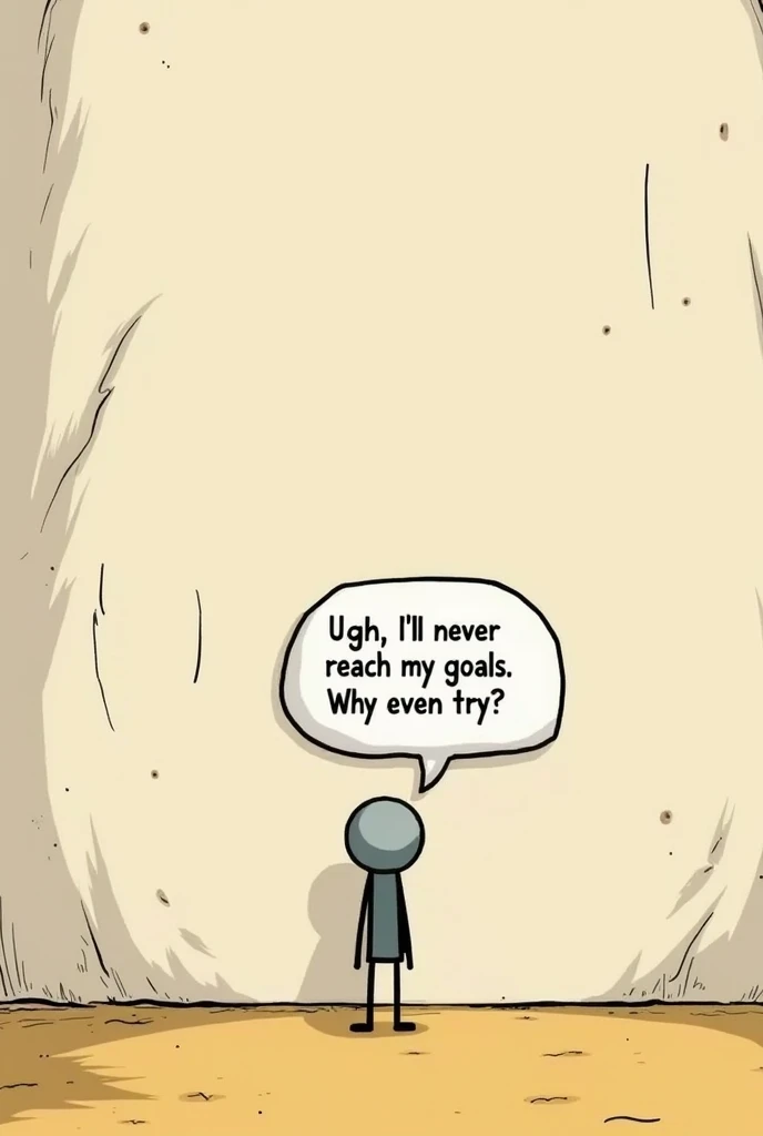  a cartoon character (like a stick figure) standing in front of a giant wall with a thought bubble above their head.
Text:
Thought Bubble:
“Ugh, I’ll never reach my goals. Why even try?”
Caption:
Achievement Unlocked: Discouraged
This concept plays on the ...