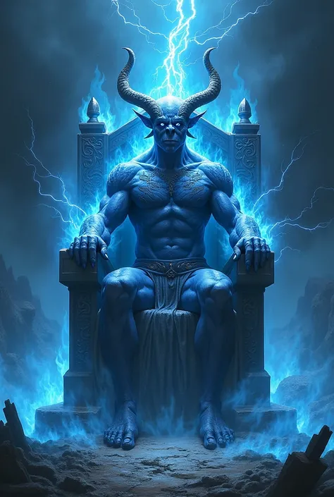 A lightning demon sitting on a stone throne in hell surrounded by blue flames