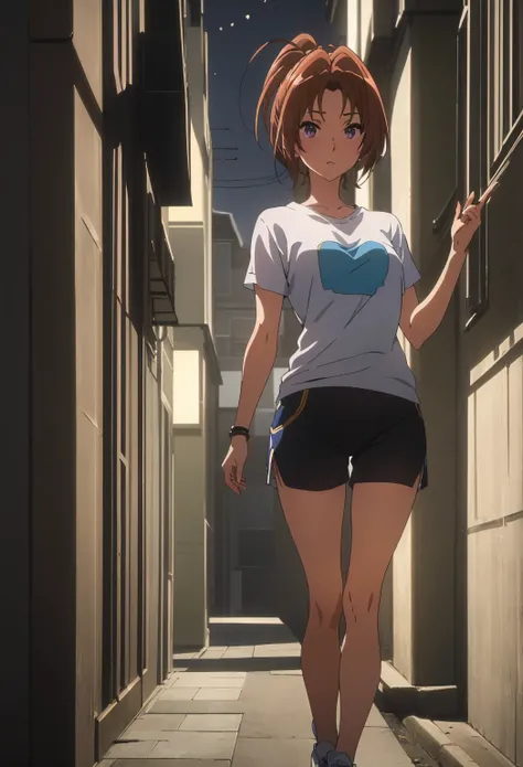 (  safe:1.10),   of the best quality ,   Masterpiece ,   high resolution , One, (nakagawa  _natsuki _SoundEuphonium:1.10),,   looks at the viewer , anime_  style, 18,  t-shirt ,  short tight shorts , a narrow alley between houses in Tokyo, One,   1 girl, N...