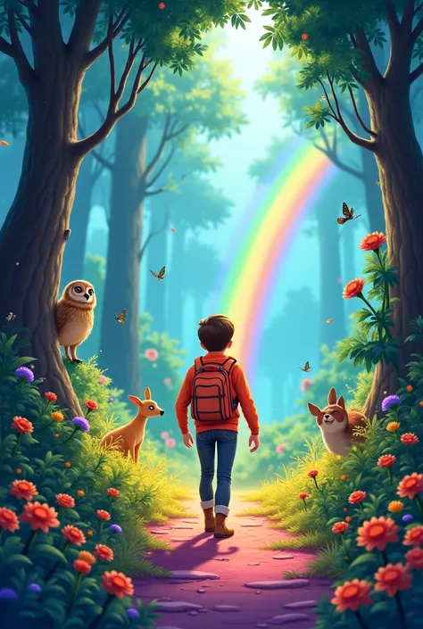 fun, upbeat song about traveling through a magical rainbow, discovering colorscatchy song about making friends with animals in the forest, like a wise owl,