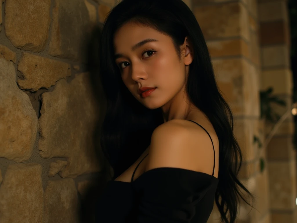 "A young woman with long, sleek black hair, wearing a minimalist black top with a modern and elegant design, standing against a stone-textured wall at night. The background has soft, ambient lighting with shadows of pine tree branches subtly visible, creat...