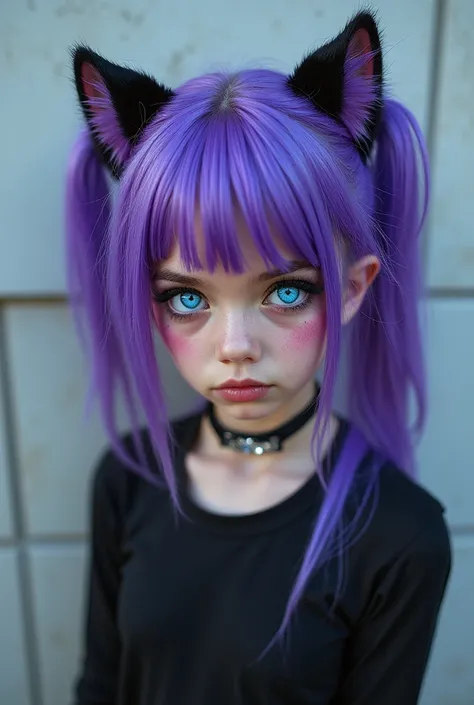 a girl with cat ears standing against the wall, brutally dressed, bright makeup, bright blue eyes, purple hair pulled into pigtails on the sides, thick bangs hanging on her forehead