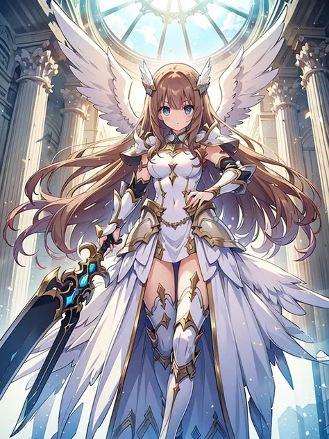 ( Masterpiece),  top quality,  1 girl,  Valkyrie ,  angel knight in a white dress and silver armor,  shiny armor, High Gloss Armor, Reflective Metal Armor, holding sword, (length_sword), brown length curly hair,, Wings,  White Outfit ,  perfect lighting