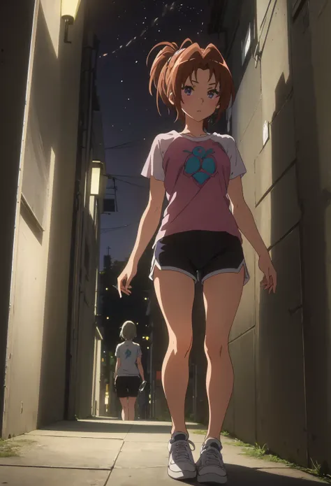 (  safe:1.10),   of the best quality ,   Masterpiece ,   high resolution , One, (nakagawa  _natsuki _SoundEuphonium:1.10),,   looks at the viewer , anime_  style, 18,  t-shirt ,  short tight shorts , a narrow alley between houses in Tokyo, One,   1 girl, N...