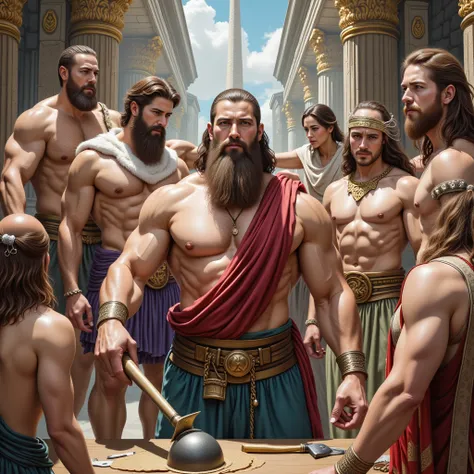 a gruff-looking man with a long beard, holding a pot and a staff, the god hephaestus, the norse god, hercules, the god zeus, a strong and fat bacchus-like figure, the greek god, the olympian gods, a celtic druid, hephaestus, the greek god of wine, the anci...