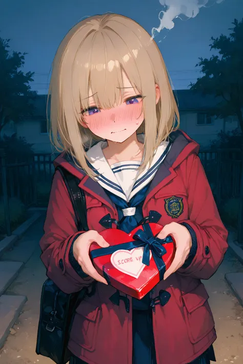 1girl\(harf open eyes,wavy mouth,embarrassed,light head steam,sweatdrop,lovestruck,school sailor,put on black duffel coat \),arrow through heart,school sailor, arms outstretched,from front mens both hand\(Holding a heart-shaped gift box in both hands,offer...