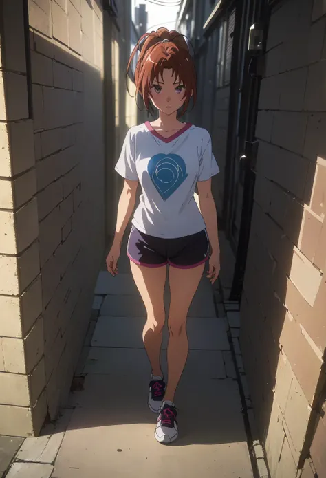 (  safe:1.10),   of the best quality ,   Masterpiece ,   high resolution , One, (nakagawa  _natsuki _SoundEuphonium:1.10),,   looks at the viewer , anime_  style, 18,  t-shirt ,  short tight shorts , a narrow alley between houses in Tokyo, One,   1 girl, N...