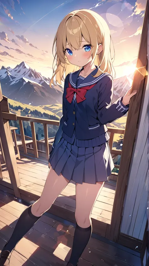 Mountain top、Mountain hut、 sunrise、 1 girl, solo、 school uniform、 blue eyes,  blonde、 Dutch Angle,  lens flare,  wide angle shot、 Widescreen 、