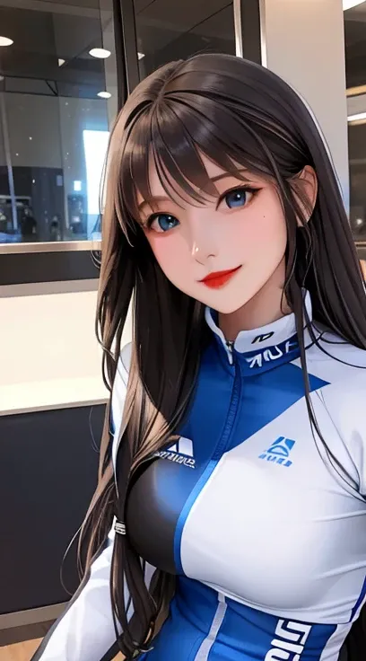 woman , long hair brown, normal, she is solo, from alternative world ,best quality, realistic, cycling full (blue white black) colorful suit and cycling sports shorts, she is stand , smile, red lipstick 