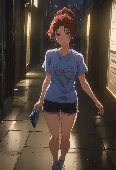 (  safe:1.10),   of the best quality ,   Masterpiece ,   high resolution , One, (nakagawa  _natsuki _SoundEuphonium:1.10),,   looks at the viewer , anime_  style, 18,  t-shirt ,  short tight shorts , narrow cyberpunk alley, One,   1 girl, Night, thin body,...