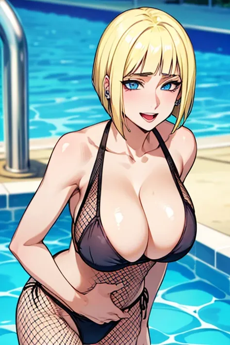 1girl, Samui, earrings, large breasts, cleavage, long hair,Very detailed、highest quality、Best image quality、masterpiece、8k、Anime Face、A kind smile、Open Mouth、((blonde short hair:1.5))、(((big breast))), sexy、 beautiful body 、Cowboy Shot, Sexual Intercourse,...