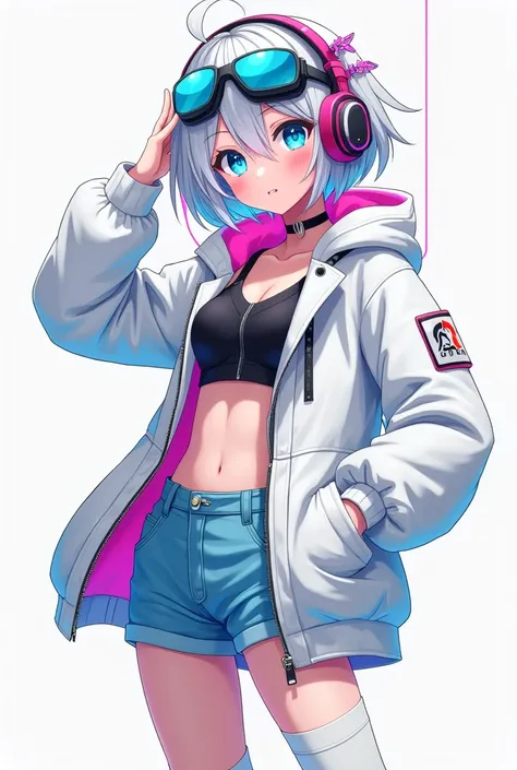 
 girl
6 life
Short hair outside silver hair
white cyberpunk parka jacket
Neon colored lines
denim shorts
neon blue eyes
cyberpunk style headphones
neon colored barrettes
white one-leg knee-high socks
digital art
pixel assets
simple background, Dutch angle...