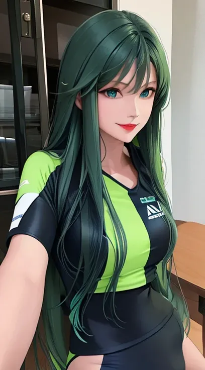 woman , long hair brown, normal, she is solo, from alternative world ,best quality, realistic, cycling full (blue green black) colorful suit and cycling sports shorts, she is stand , smile, red lipstick 