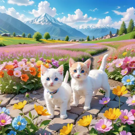 anime Beautiful colorful flower field scenery. Pastel color flower field, mountains, blue sky, white clouds, diverse flowers, colorful, scenery, nature, beautiful, photo of two kittens and a puppy playing in a flower field