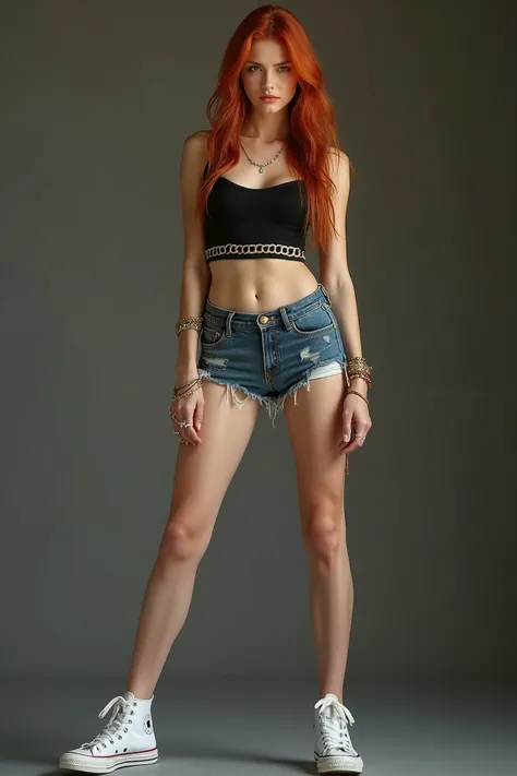 photograph of one slender european woman, 21 years old, full body, standing, wearing cut off tight jeans shorts with a delicate chain belt, wearing delicate bracelets, wearing rings, wearing short cute tank top, redhead, lomg hair, posing sexy, seductive p...