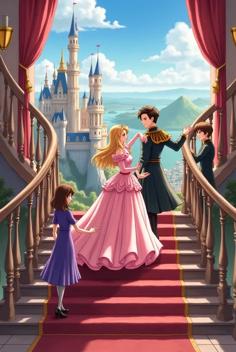 Anime style, there are 5 characters in the picture, the first 2 are the princess and the prince dancing down the stairs, there is a 3rd prince leaning on the railing, the background view is a castle, Victorian era.