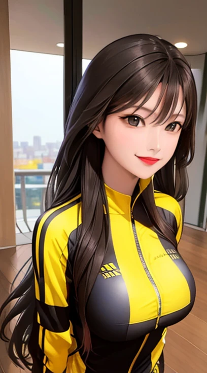 woman , long hair brown, normal, she is solo, from alternative world ,best quality, realistic, cycling full (yellow black black) colors suit and cycling sports shorts, she is stand , smile, red lipstick 