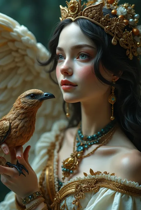 a close up of a doll with a bird on her hand, goddess. extremely high detail, masterpiece goddess of sorrow, venus godness athena, as a mystical valkyrie, celestial goddess, angel knight gothic girl, 3 d goddess minerva, ((a beautiful fantasy empress)), a ...