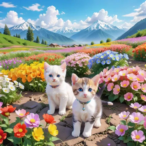 anime Beautiful colorful flower field scenery. Pastel color flower field, mountains, blue sky, white clouds, diverse flowers, colorful, scenery, nature, beautiful, photo of two kittens and a puppy playing in a flower field