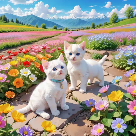 anime Beautiful colorful flower field scenery. Pastel color flower field, mountains, blue sky, white clouds, diverse flowers, colorful, scenery, nature, beautiful, photo of two kittens and a puppy playing in a flower field