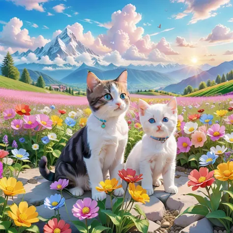 anime Beautiful colorful flower field scenery. Pastel color flower field, mountains, blue sky, white clouds, diverse flowers, colorful, scenery, nature, beautiful, photo of two kittens and a puppy playing in a flower field