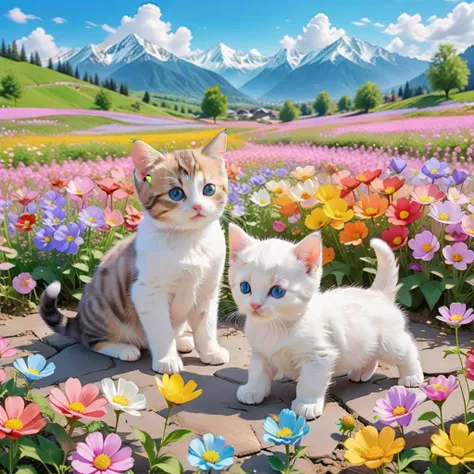 anime Beautiful colorful flower field scenery. Pastel color flower field, mountains, blue sky, white clouds, diverse flowers, colorful, scenery, nature, beautiful, photo of two kittens and a puppy playing in a flower field