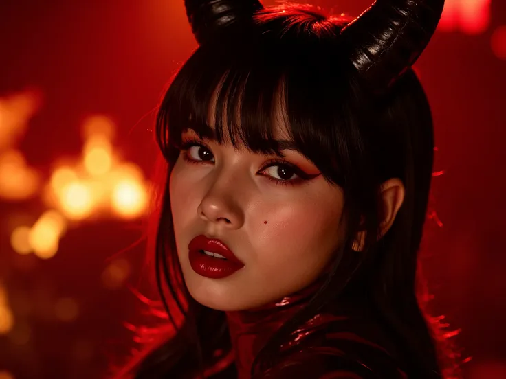 extreme close up of her face, photoshoot ,red latex devil costume, deep red lip gloss, in hell with fire's burning in the background, she has latex demon horns