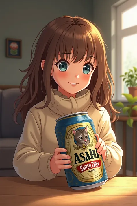 2D anime style,８ year old girl , long brown hair is fluffy , blue eyes, The background is the living room, large hollow beer can １t, cat is playing inside beer can , American Shorthair, girl is looking at her pet happily, Asahi Super Dry ,anthropomorphic b...