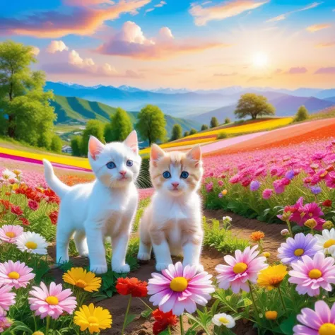 anime Beautiful colorful flower field scenery. Pastel color flower field, mountains, blue sky, white clouds, diverse flowers, colorful, scenery, nature, beautiful, photo of two kittens and a puppy playing in a flower field