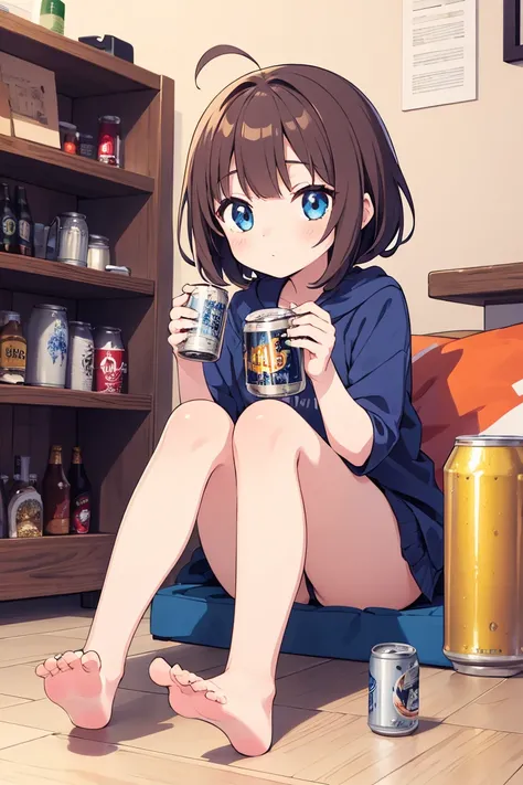 2D anime style,８ year old girl , long brown hair is fluffy , blue eyes, The background is the living room, large hollow beer can １t,The cat is playing in the beer can , American Shorthair, The girl is looking at her pet happily, Asahi Super Dry ,anthropomo...