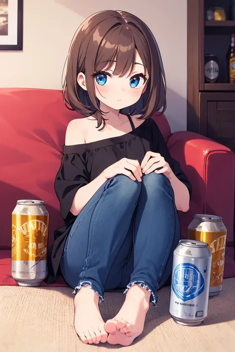 2D anime style,８ year old girl , long brown hair is fluffy , blue eyes, The background is the living room, large hollow beer can １t,The cat is playing in the beer can , American Shorthair, The girl is looking at her pet happily, Asahi Super Dry ,anthropomo...