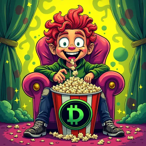 Cartoon character siting on a chair and happy eating a popcorn with logo on a popcorn bucket of a Digicoin similar like bitcoin , made a black coin  with green 'D' laying on the middle  , acid style  , drugs colours , high quality detalis , high quality , ...