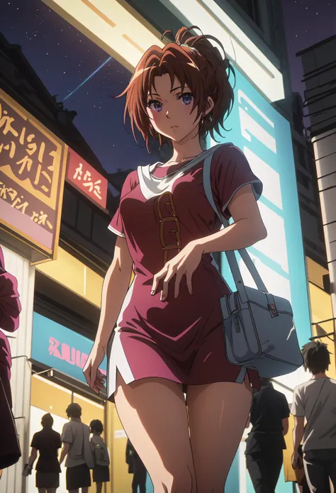  of the best quality ,   Masterpiece ,   high resolution , One, (nakagawa  _natsuki _SoundEuphonium:1.10),   looks at the viewer , anime_  style, 18,  t-shirt , short tight dress, Tokyo cyberpunk street,  neon signs, Night, thin body. 